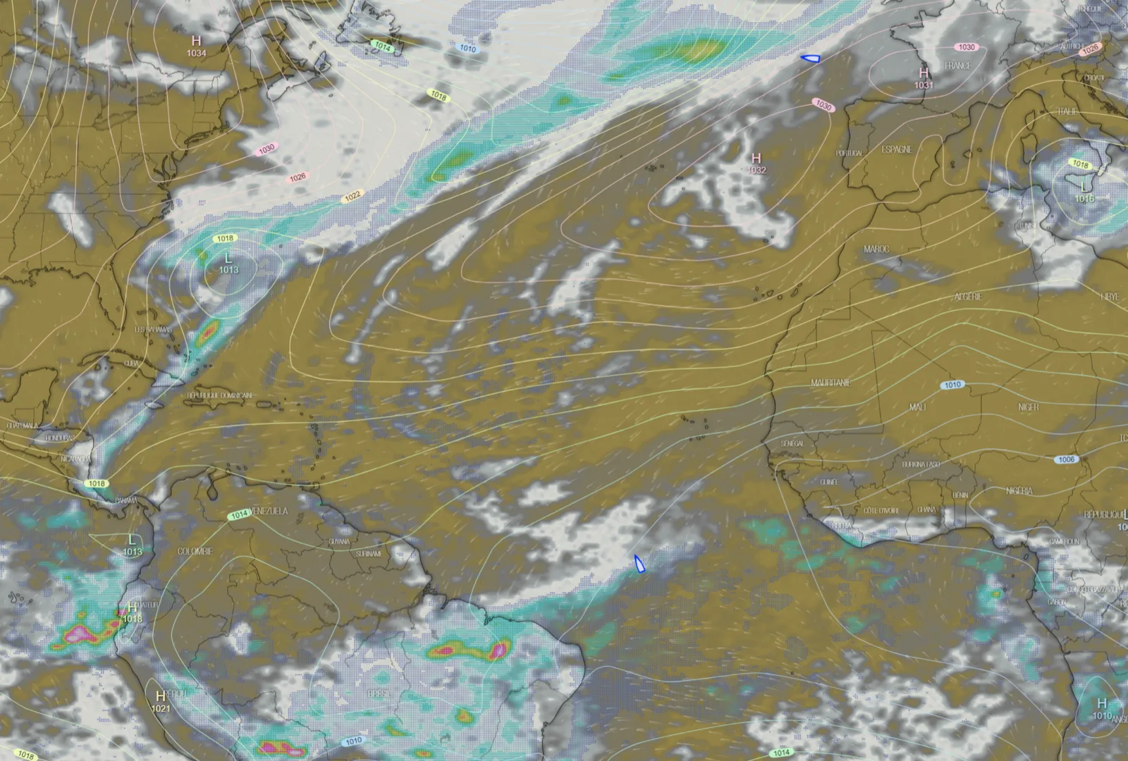Marine Weather Intelligence routing map showing pressure systems and cloud cover over the North Atlantic