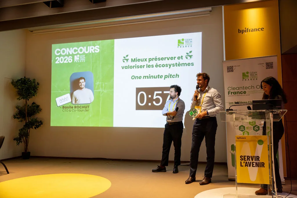 Basile Rochut delivering the Marine Weather Intelligence one-minute pitch at the Cleantech Open France 2026 final