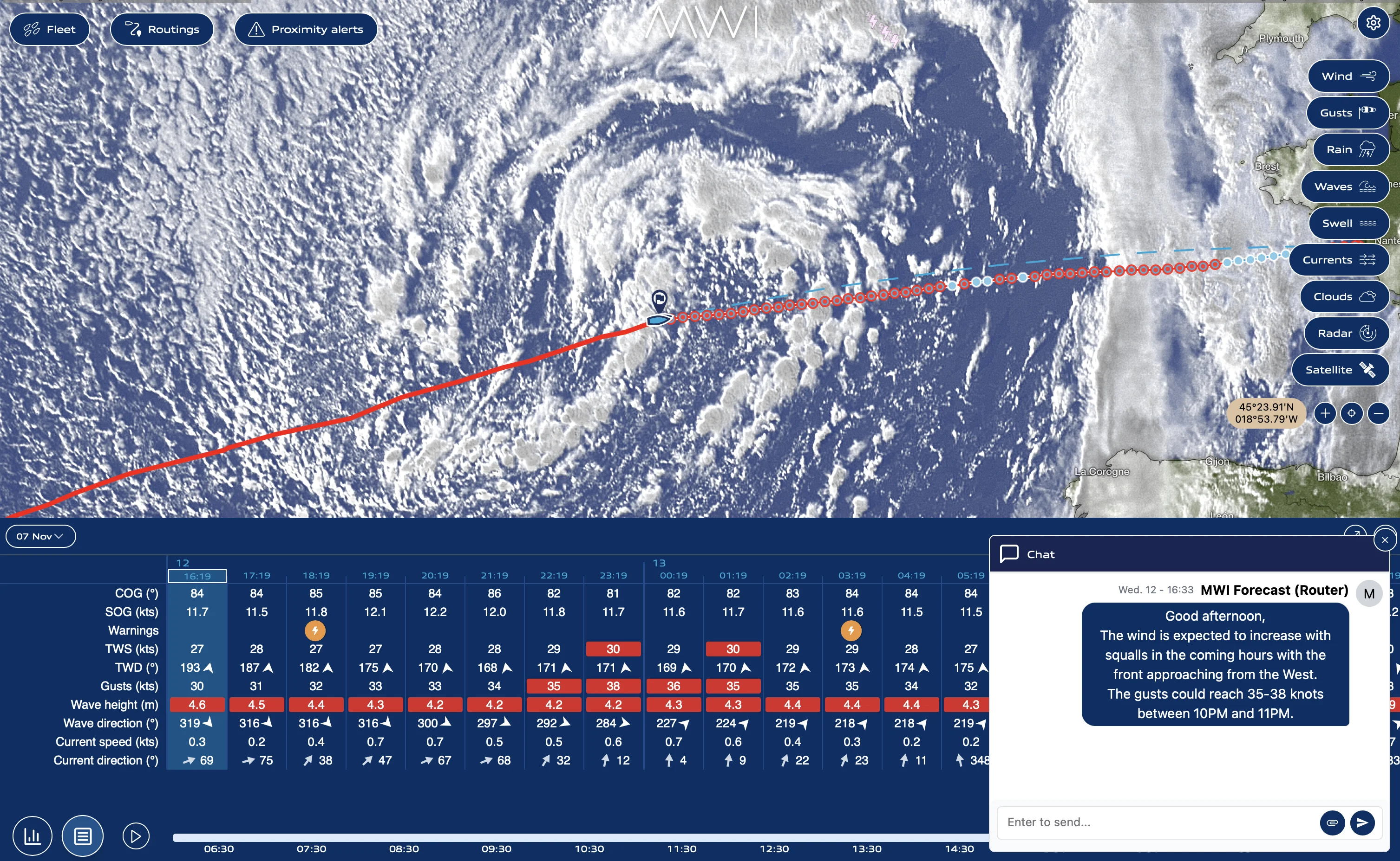MWI Shipping AI agent monitoring — live weather routing and expert chat interface