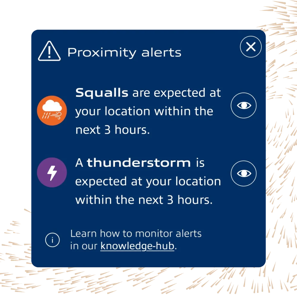 Proximity alerts panel showing squalls and thunderstorm warnings in MWI Shipping