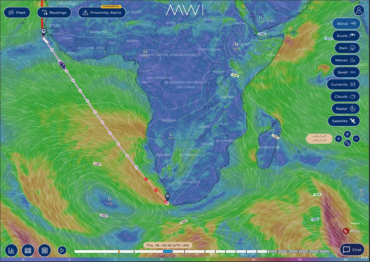 Live tow vessel position and speed tracking under changing weather in MWI Forecast for towage operations