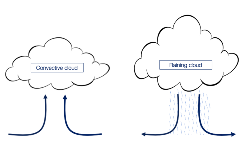 Vertical motions of air in a convective (left) and raining cloud (right)